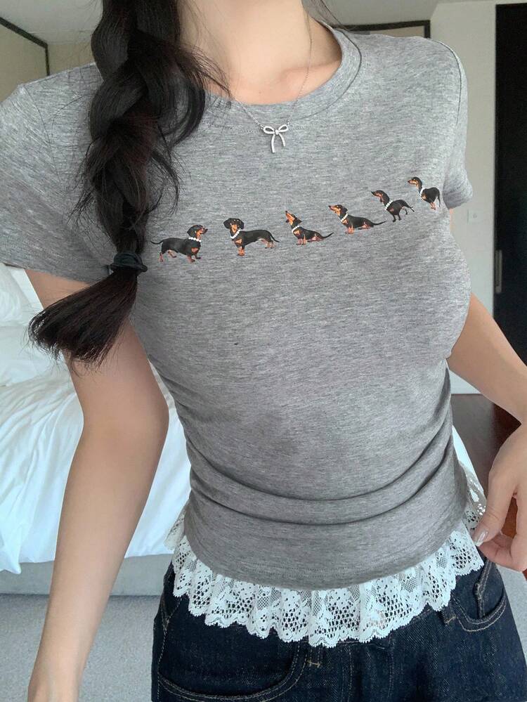 Women's Summer Round Neck Slim Fit Ruffle Splice Casual Dog Print Short Sleeve T-Shirt