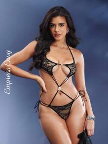 Combinaison sexy pour femmes avec bretelles croisées, décoration de strass, dentelle florale, dos ouvert - Ensemble de lingerie noire en dentelle Lingerie érotique avec découpes Ensemble de lingerie en dentelle pour rave, sortie - Noir - Voir 2