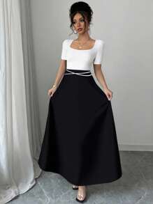 Rafferiza 女士优雅修身圆领针织拼接腰带新中式花卉印花中长连衣裙 - 彩色 - 查看 4