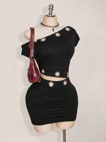 SHEIN ICON 大码时尚性感斜肩孔眼装饰紧身迷你裙两件套，Y2K 风格