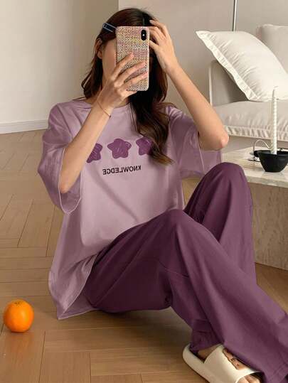 DAZY 2 st kvinnors casual stjärnmönster löst kortärmat topp och byxor set, loungewear pyjamas