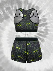 Rick and Morty X SHEIN 女士舒适卡通图案无钢圈文胸和内裤套装 - 黑色 - 查看 8