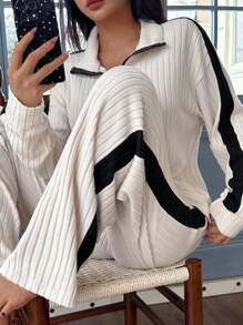 SHEIN Casual Women's Lounge Set In Knitted Fabric With Half-Zip Collar And Striped Design Long Sleeve Lounge Set Lounge Wear Set Matching Lounge Set Two Pieces Lounge Set Ribbed Lounge Set, Fall Winter Clothes, Cozy Outfits - Apricot - View 4