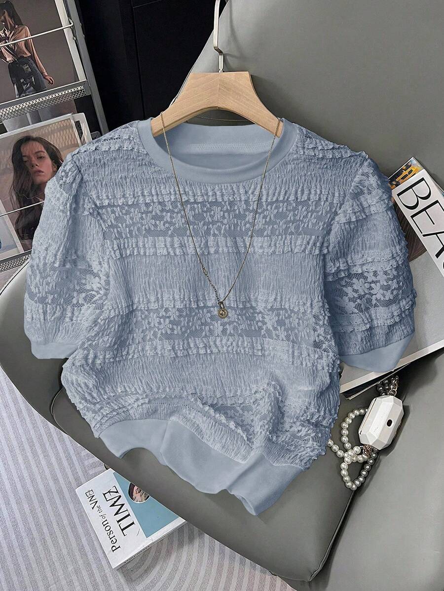 Franclia Women Elegant Lace Striped Textured Puff Sleeve Round Neck T-Shirt, Spring/Summer Lace Tops For Women - Blue - View 1