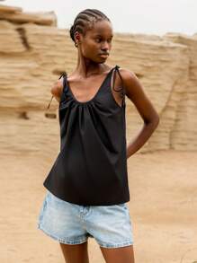 Lumivelle Women's U-Neck Woven Bowknot Strap Loose A-Line Casual Vacation Ethereal Tank Top - Black - View 4