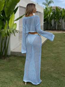 Set de 2 piezas para mujer, compuesto por blusa de manga larga con cuello redondo y falda, de tela de malla, adecuado para estilo casual de vacaciones