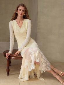 MOTF PREMIUM WOMEN'S LACE EMBROIDERED PATCHWORK STRUCTURE DESIGN FISHTAIL MIDI DRESS - Apricot - View 1