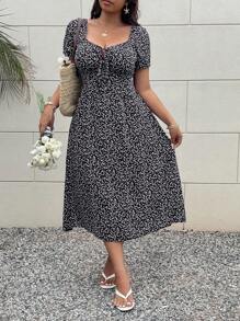 Sunnyshic Váy chữ A cổ vuông in họa tiết kim cương tay ngắn cỡ lớn - màu đen - Xem 5