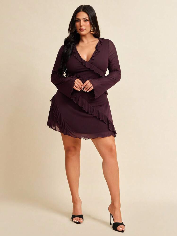 SHEIN PETITE CURVE Vestido de manga larga con volantes para tallas grandes - Marrón - Añade 6