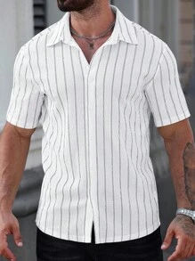 Manfinity CasualCool 男士休闲条纹短袖衬衫，夏季黑白条纹衬衫 - 白色 - 查看 6