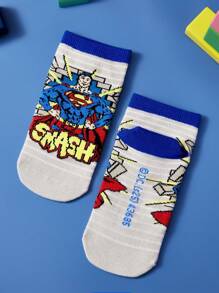 SUPERMAN X SHEIN 3 Pairs Cute Cartoon Striped Pure Cotton Boys/Children Socks, Reinforced Toe & Heel, All Season Wear, Suitable For School & Daily, Blue - Multicolor - View 8
