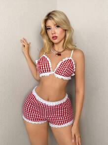 Sweetina 2025年夏季女士格纹荷叶边三角文胸露背上衣搭配花蕾迷你短裤套装 - 彩色 - 查看 1