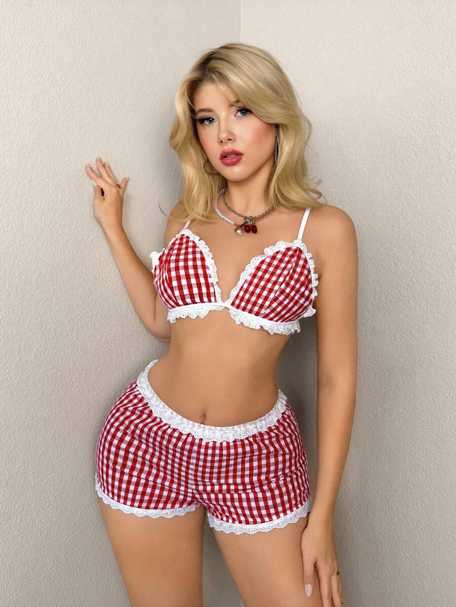 Sweetina 2025年夏季女士格纹荷叶边三角文胸露背上衣搭配花蕾迷你短裤套装 - 彩色 - 查看 1