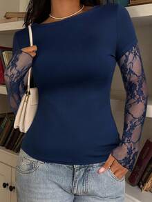 SHEIN EZwear 女士休闲藏蓝色蕾丝拼接长袖针织T恤 - 寶藍色 - 查看 3