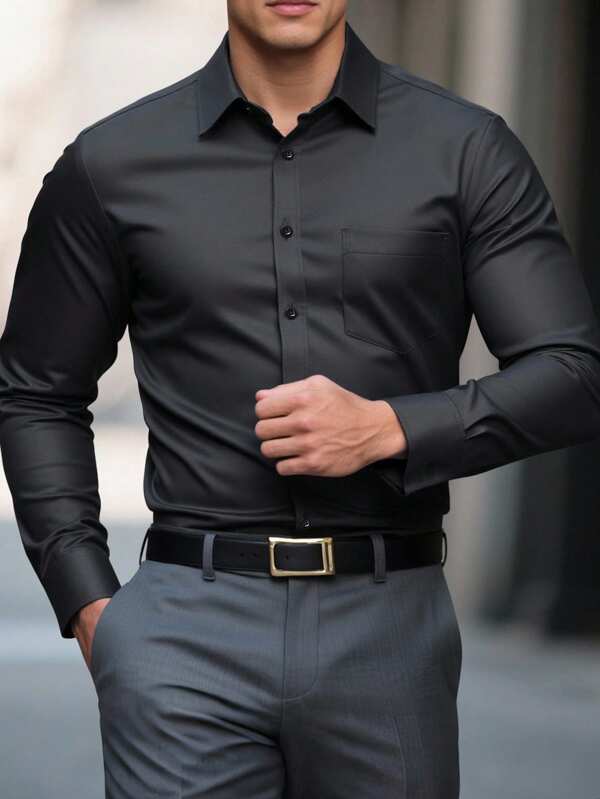 Manfinity Mode Men Plus Size Solid Color Business Casual Long Sleeve Shirt Men Black Dress Shirt Business Casual Men Shirt Men Office Wear, Fall