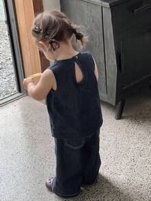 DAZY 女婴圆领无袖字母印花休闲牛仔背心和裤子套装，夏季幼儿女童服装 - 藍色 - 查看 4