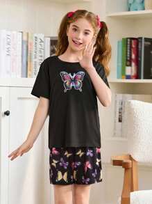 青少年女孩夏季蝴蝶印花圆领短袖上衣和短裤睡衣家居服套装，宽松休闲