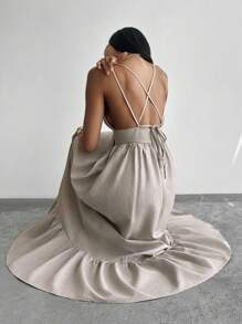 Firerie 女式深 V 领露背紧身 A 字连衣裙，卡其色仿亚麻面料，夏季度假连衣裙，春夏服装，沙滩装，优雅、性感、度假、海滩、波西米亚、夏威夷 - 卡其色 - 查看 1