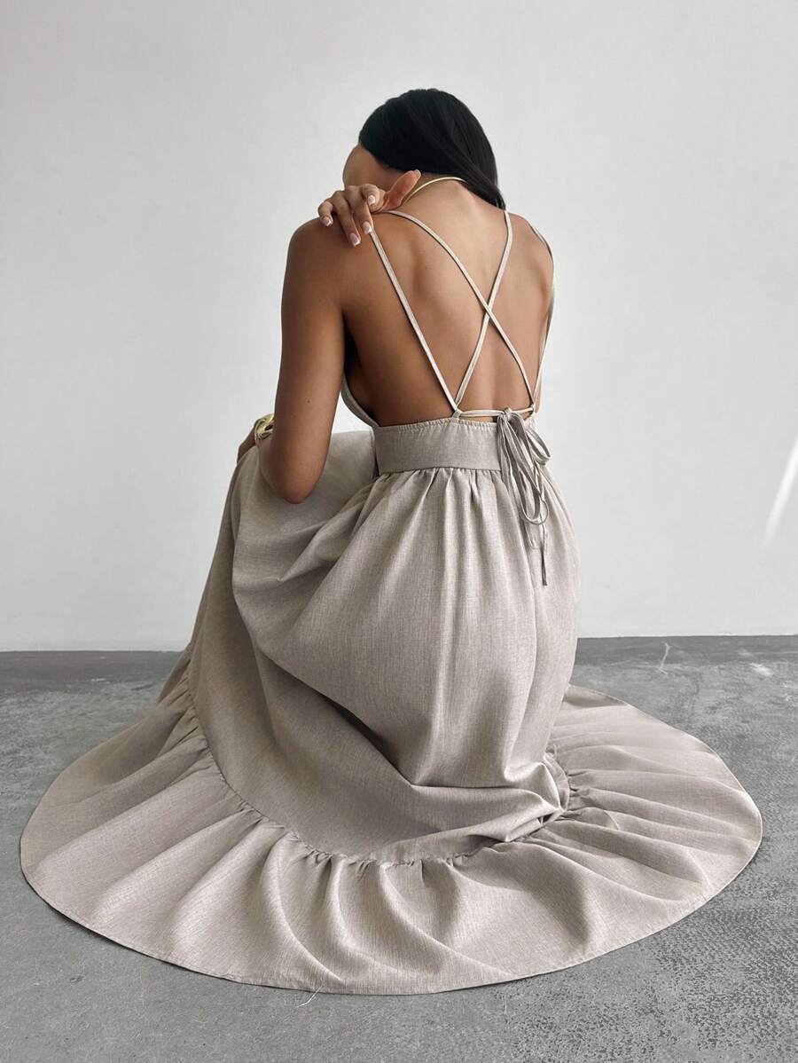 Firerie 女式深 V 领露背紧身 A 字连衣裙，卡其色仿亚麻面料，夏季度假连衣裙，春夏服装，沙滩装，优雅、性感、度假、海滩、波西米亚、夏威夷 - 卡其色 - 查看 1