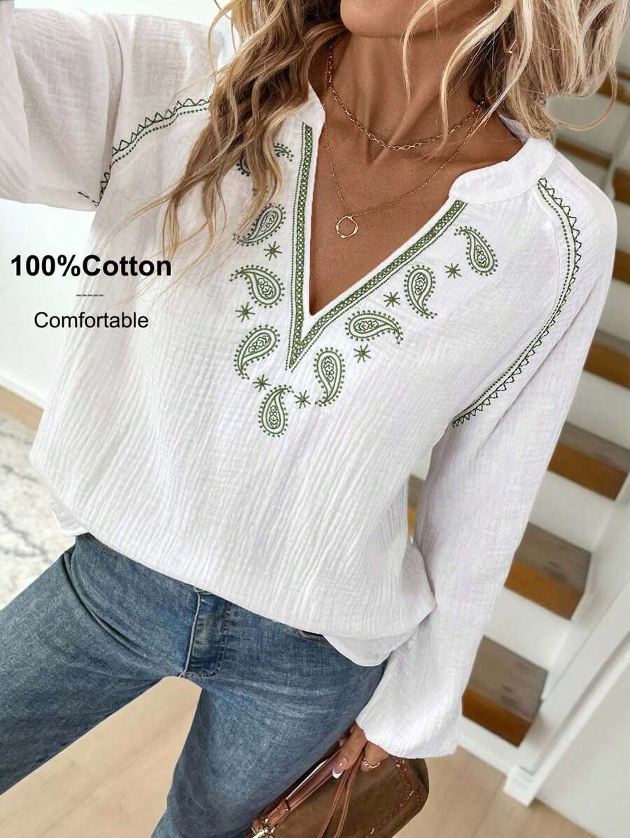 Easowa Paisley Contrast Embroidery Drop Shoulder Bohemian Style White Long Sleeve Shirt - White - View 1