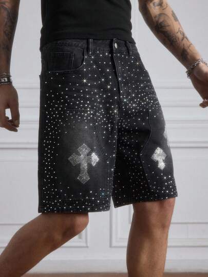 Street Life Goth Men's Pockets Rhinestone Cross Design Casual Denim Shorts