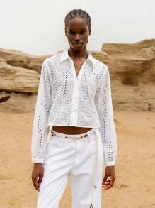 Lumivelle Women's White Semi-Sheer Floral Eyelet Cropped Button-Down Shirt A Casual Woven Top With Long Sleeves And A Collar