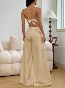 Mono de pierna ancha con espalda descubierta y cuello halter calado, sexy para mujer - Caqui - Ver 2