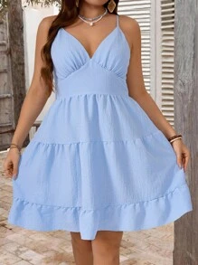 SHEIN Clasi Robe de vacances décontractée à bretelles spaghetti, taille élastique, couleur unie, convient pour femmes de grande taille - Bleu azur - Voir 1