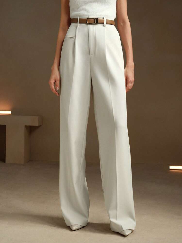 Short Women's Summer New Style White Suit Trousers, Modern Urban Solid Color, Strap Pocket, Decorative Pocket Suit Trousers, Women's Suit Trousers, Baggy, Wide Leg, Go Out, Fashion, Petite Trousers
