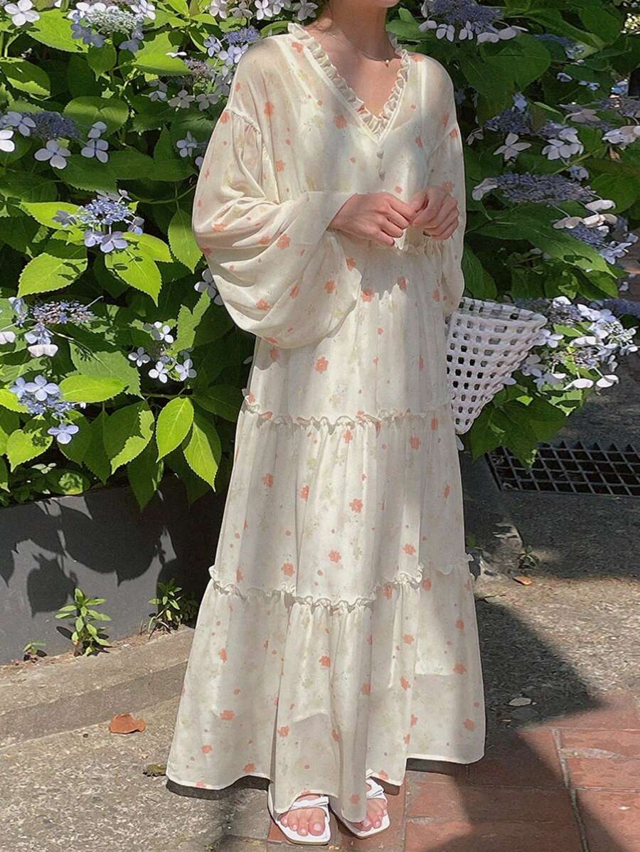 DAZY Damen lang Blümchen Laternärmel Taillenzugband Patchwork Farbblock süßes Boho Urlaubs Kleid