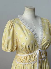 Sunspun Plus Size V-Neck Waist Gathered A-Line Vacation Dress Vacation - Multicolor - View 4