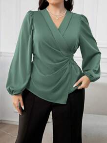 Modelyn Plus Size Women Solid Color Lantern Sleeve Ruched Asymmetric Hem Blouse - Green - View 5