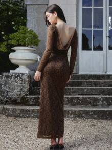 lacRébo Chocolate Floral Textured Knit Fitted Maxi Dress With Open Back Old Money Style Premium Dress Date Night Dress Autumn Dress Spring Summer - Brown - View 1