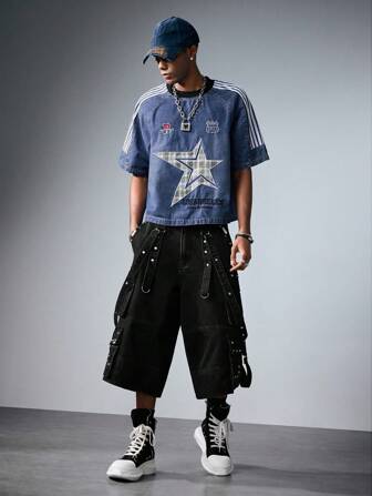 Prep Chemise en jean d'été décontractée pour hommes, à rayures bicolores lavées et à motif d'étoiles brodées