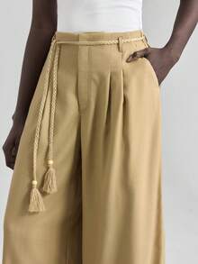 Ontre Pantalones de traje de lino de unicolor, de cintura alta, holgados y casuales, de moda para el verano en otoño/invierno - Caqui - Ver 7
