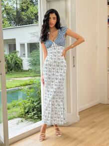 Rafferiza Women's Deep V-Neck Cap Sleeve Plaid Patchwork Print Elegant Sexy Beach Holiday Everyday Maxi Dress, Blue