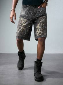 ROMWE MEN Street Life Men's Summer Fashion Leopard Print Denim Shorts With Rhinestones - Black - View 4