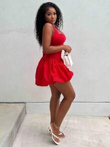 Alexandranx 女式夏季性感纯色露背吊带泡泡下摆迷你连衣裙新年衣服 - 紅色 - 查看 5