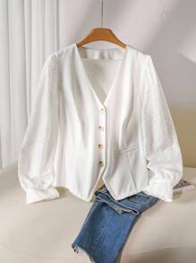 CosyJoli Plus Size Women V-Neck Schiffy Lantern Sleeve Single-Breasted Open Front Blazer, Casual,Slightly Sheer In Fall/Winter - White - View 1