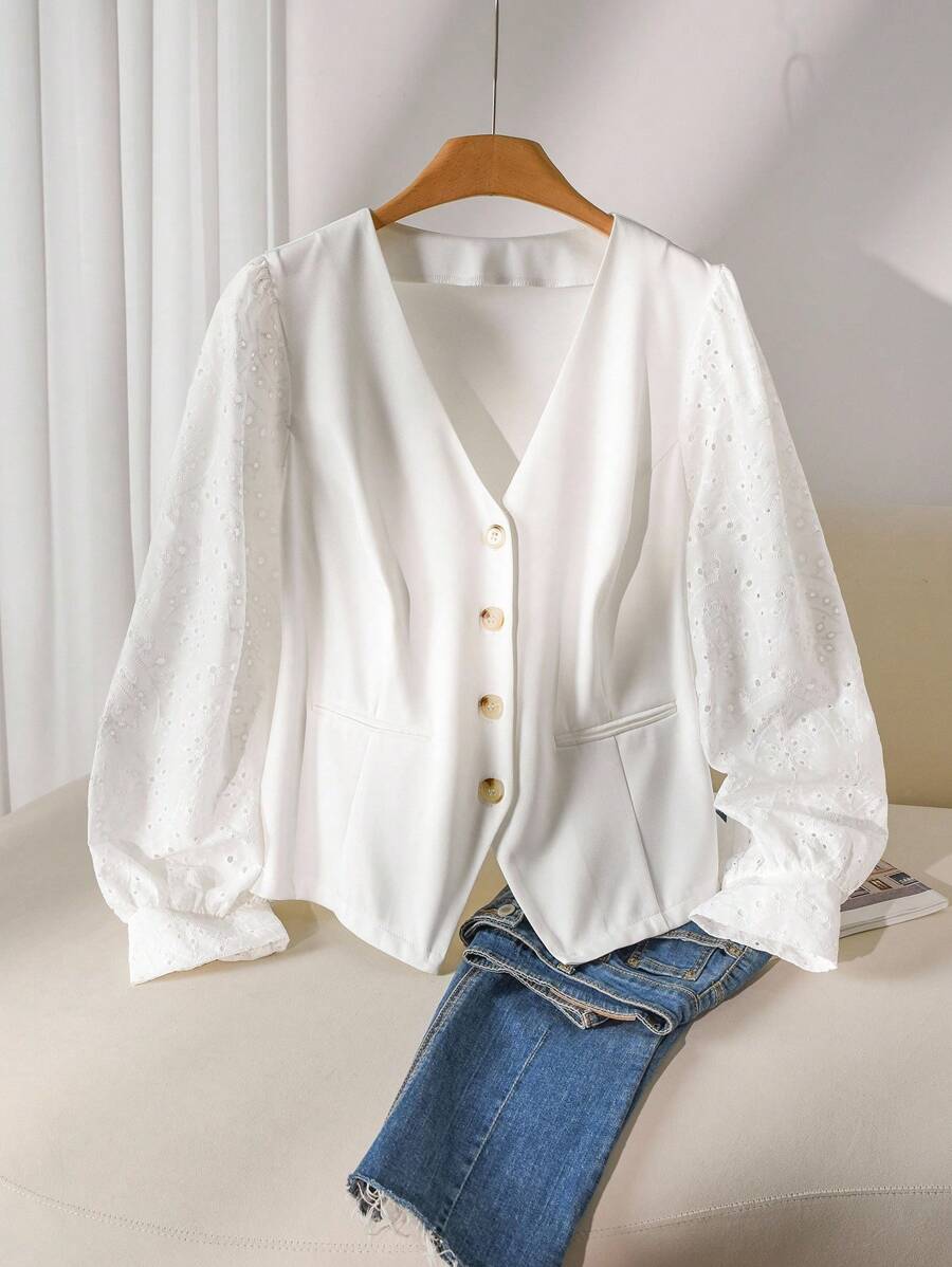 CosyJoli Plus Size Women V-Neck Schiffy Lantern Sleeve Single-Breasted Open Front Blazer, Casual,Slightly Sheer In Fall/Winter - White - View 1