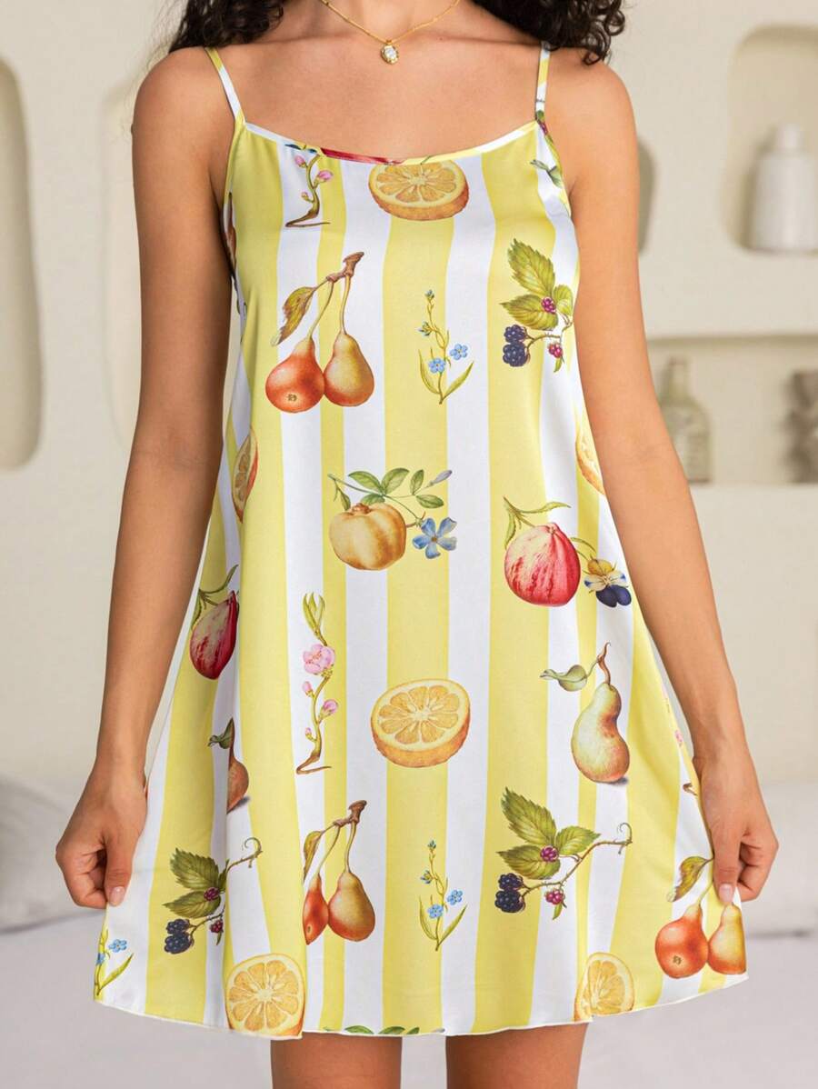 SHEIN Touch of Art Joris Hoefnagel，女士吊带睡裙，真丝睡裙，黄色条纹图案，水果图案，浅黄色睡裙，居家，夏季 - 黃色 - 查看 1