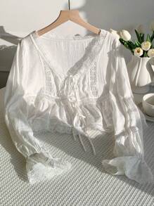 Comfortcana Casual Viscose Top In White With Delicate Lace Details And Regular Hem White Lace Blouse Cotton Blouse Boho Top Peasant Blouse - White - View 6