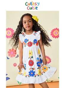 Robe casual à col rond avec volants et imprimé floral mignon pour jeune fille - Blanc - Voir 1