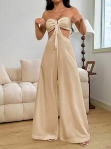 Mono de pierna ancha con espalda descubierta y cuello halter calado, sexy para mujer - Caqui - Ver 4