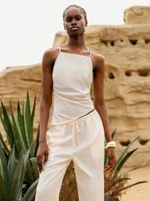 Lumivelle Women 2 Pieces Set: Casual Sleeveless Asymmetric Cami Top And Wide Leg Pants