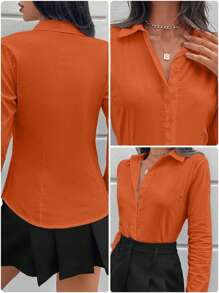 EURMUSE Casual Commuting Cotton Solid Button Front Shirt - Coral Orange - View 7