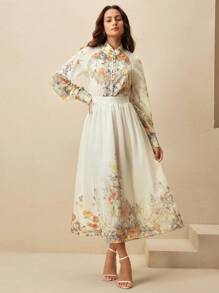 Anewsta 2 Pieces Set: Stand Collar Lantern Sleeve Printed Top + Skirt, Elegant & Graceful, European & American Style, 2025 New Arrival