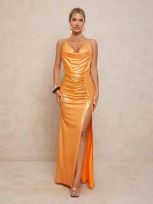 Lumalex 不对称腰部褶饰金属链细节超长女式连衣裙 - 金色 - 查看 5