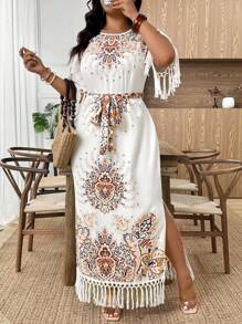 SHEIN Tall Damen Große Größen Blume Muster Urlaubskleid mit Quasten-Ärmeln und Bindegürtel, elegant