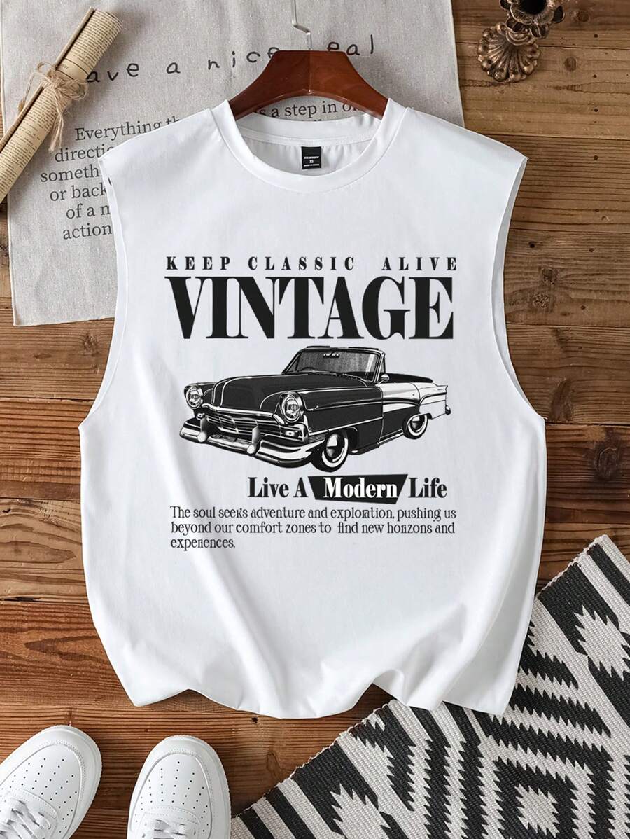 Manfinity Joysei 男士白色复古汽车图案背心，创意设计，适合夏季，是送给朋友的绝佳礼物